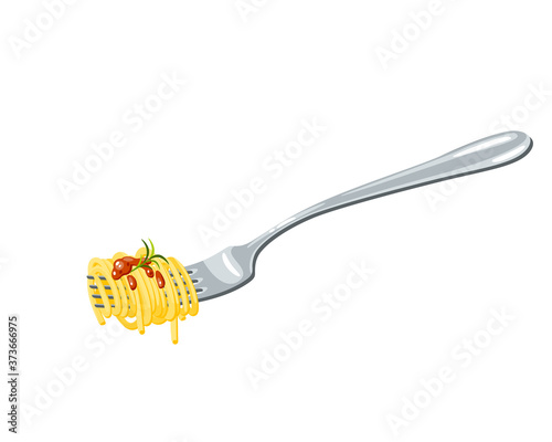 Pasta on fork. Spaghetti. Vector illustration flat cartoon icon isolated on white background.