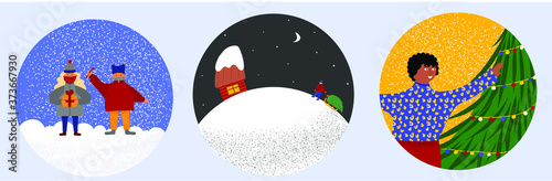 vector set collection of New Year cards 2021 in round frames. New Year and Christmas in quarantine coronavirus. Children and people celebrate the holiday in medical masks. Pandemic holiday, children