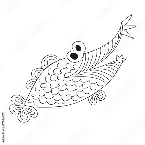 Unusual, exotic toothy fish smiles. Coloring book page. Development of motor skills.