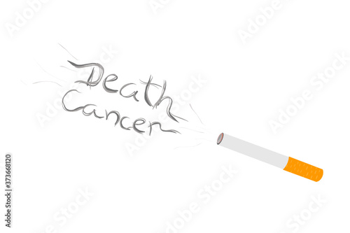 Vector illustration of cigarette with words "Death", "Cancer" made of smoke.