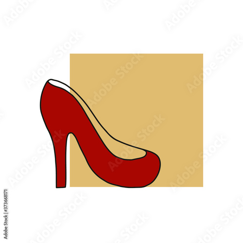 Red shoe sign, footware symbol. Cartoon icon on beige rectangle. Fashion concept element isolated on white background. Logo for fashion journal, magazine, shop. 