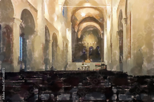 watercolor illustration:  Main room of the Braunschweig Cathedral with the colonnades, the photo