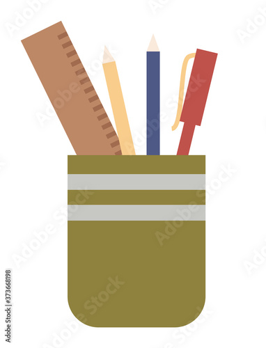 Pen holder dark green with school supplies or office equipment. Pen and pencils, ruler in vertical plastic box. Office and home supply stationery and education. Vector flat style clerical glass