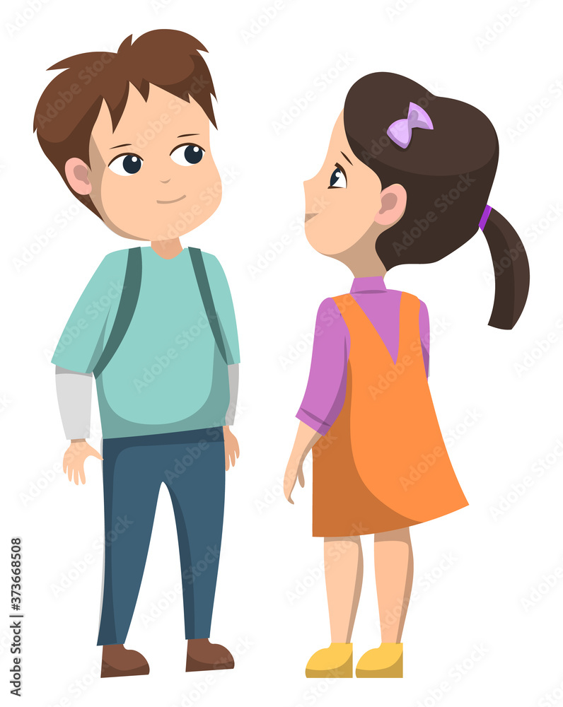Girl and boy standing together. Schoolboy in blue shirt and pants with backpack. Schoolgirl wear orange dress. Friends stand and smile. Back to school concept. Flat cartoon vector illustration
