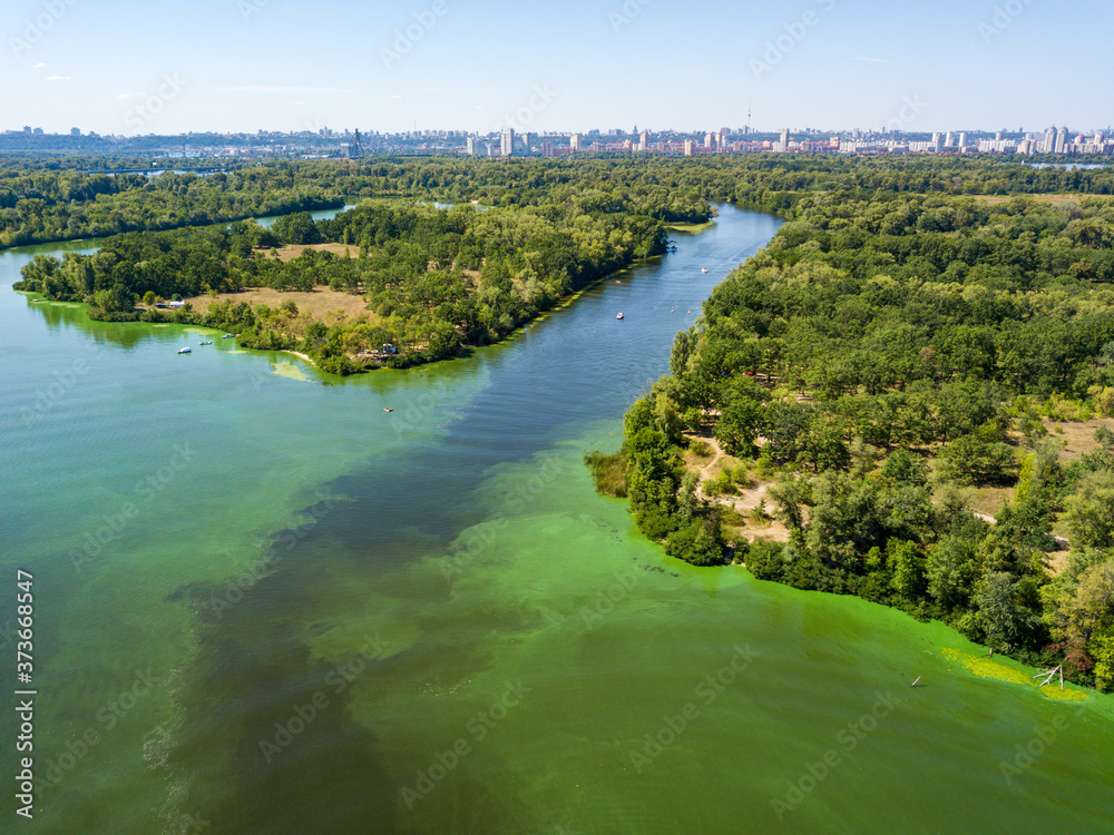 Aerial drone view of the Dnieper river. Green texture from blooming algae in the river.