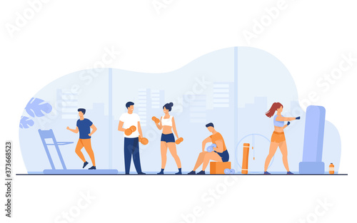 Athletes doing fitness exercise in gym with panoramic windows isolated flat vector illustration. Cartoon people cardio training and weight lifting. Sport activity and lifestyle concept