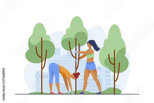 Young women growing trees in city park. Green, plant, environment flat vector illustration. Ecology and urban lifestyle concept for banner, website design or landing web page