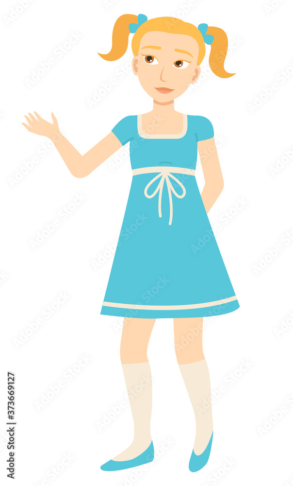 Girl in dress, isolated female character, kid with ponytails vector. Child in gaiters and ballet shoes, schoolgirl with bows in hair, clothes and outfit Girl in dress, isolated female character, kid with ponytails vector. Child in gaiters and ballet shoes, schoolgirl with bows in hair, clothes and outfit