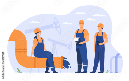 Oilmen and engineers on production line or pipe of petroleum refinery flat vector illustration. Cartoon people working on pipeline. Oil and gas industry concept