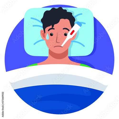 Sickman with thermometer lying in bed.
