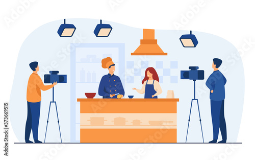 Chef preparing food on popular TV show isolated flat vector illustration. Cartoon people cooking fruit salad on camera. Television and culinary concept