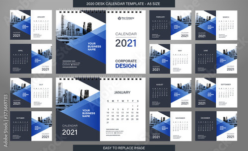 Desk Calendar 2021 template - 12 months included - A5 Size