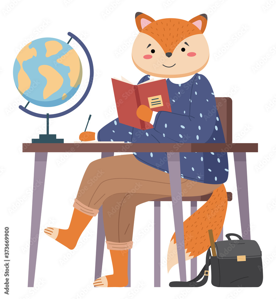 Funny cartoon animal student. Lovely cute fox came to study, sitting at a  table in geography