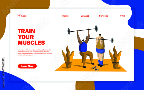 Concept of muscle training in gym with proper shades. Web page design template for advertisement in business. Isometric modern flat cartoon vector illustration. Landing page design. Easily editable. 