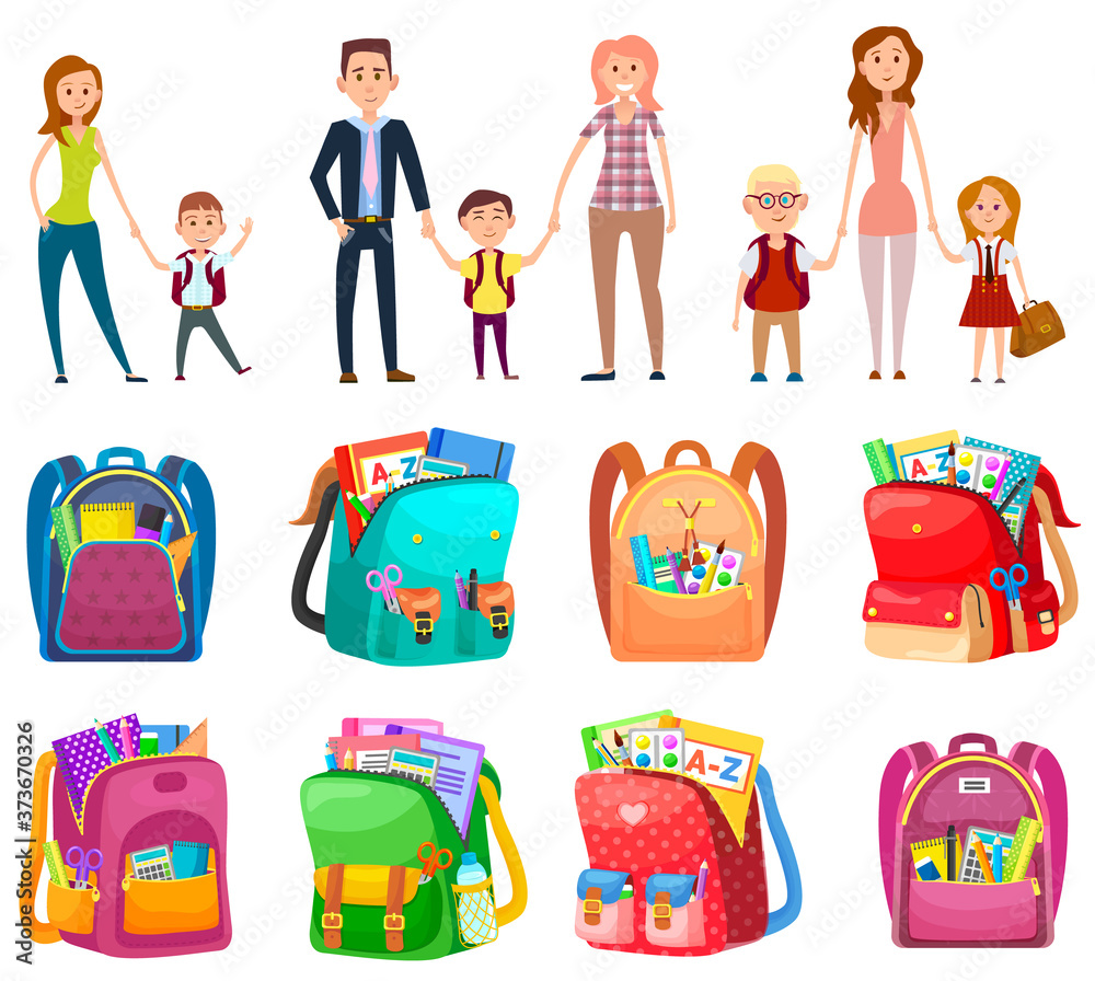 Parent holding child, mother and father with daughter and son. To school with parents, backpack with pencil and notebook, scissors and paints, education vector. Back to school concept. Flat cartoon Parent holding child, mother and father with daughter and son. To school with parents, backpack with pencil and notebook, scissors and paints, education vector. Back to school concept. Flat cartoon