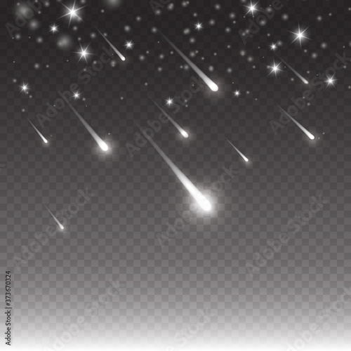 Comets shooting effect and glowing asteroids, stars at night sky. White falling meteorites isolated on black transparent background. Vector cosmos starlight trail for your design