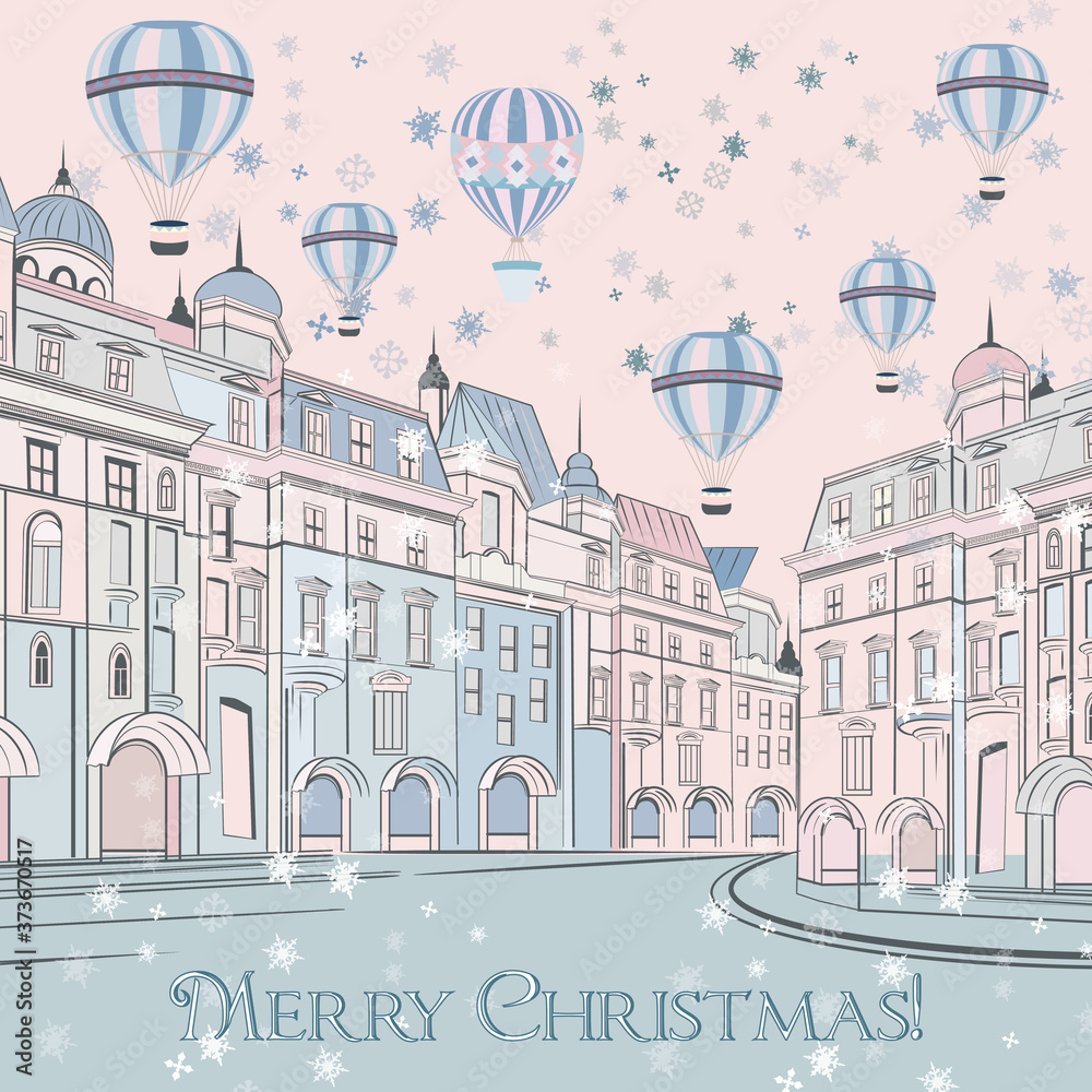 Christmas vector illustration, vintage greeting card with street and air balloons