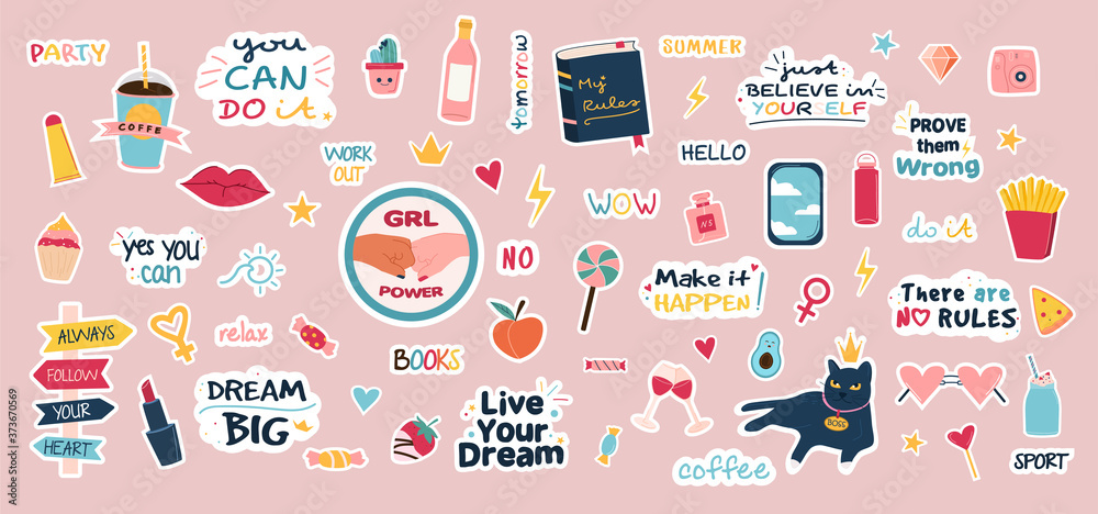 Large set of trendy stickers. Colorful hand drawn symbols and signs for planner, organizer and more. Cute template with thematic slogans. Printable lettering and elements. Flat Vector Illustration