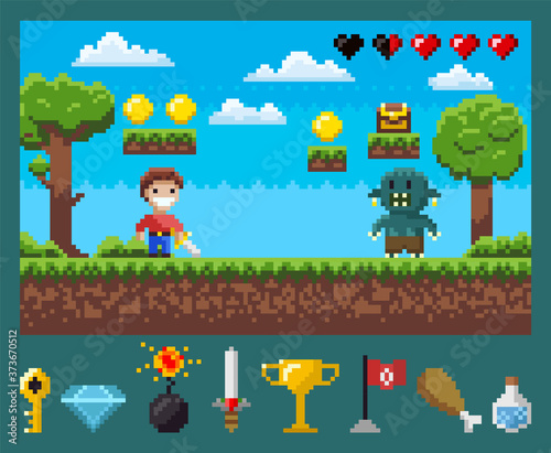 Battle of superhero with galive and monster, power symbols key, diamond and bomb, steel and cup, flag and meat with flask, screen of pixel game vector
