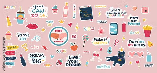 Large set of trendy stickers. Colorful hand drawn symbols and signs for planner, organizer and more. Cute template with thematic slogans. Printable lettering and elements. Flat Vector Illustration