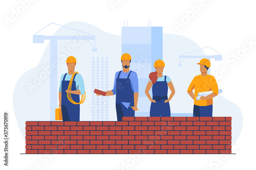 Professional builders making brick wall. Site, helmet, constructor flat vector illustration. Construction and engineering concept for banner, website design or landing web page