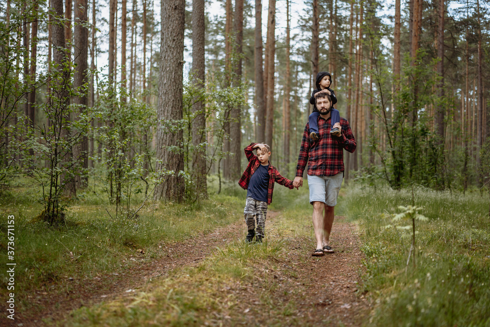 A father is walking down the lane in forest with two sons. Little one is riding on dad's shoulders and elder boy holding father's hand. Father's day concept. A father is walking down the lane in forest with two sons. Little one is riding on dad's shoulders and elder boy holding father's hand. Father's day concept.