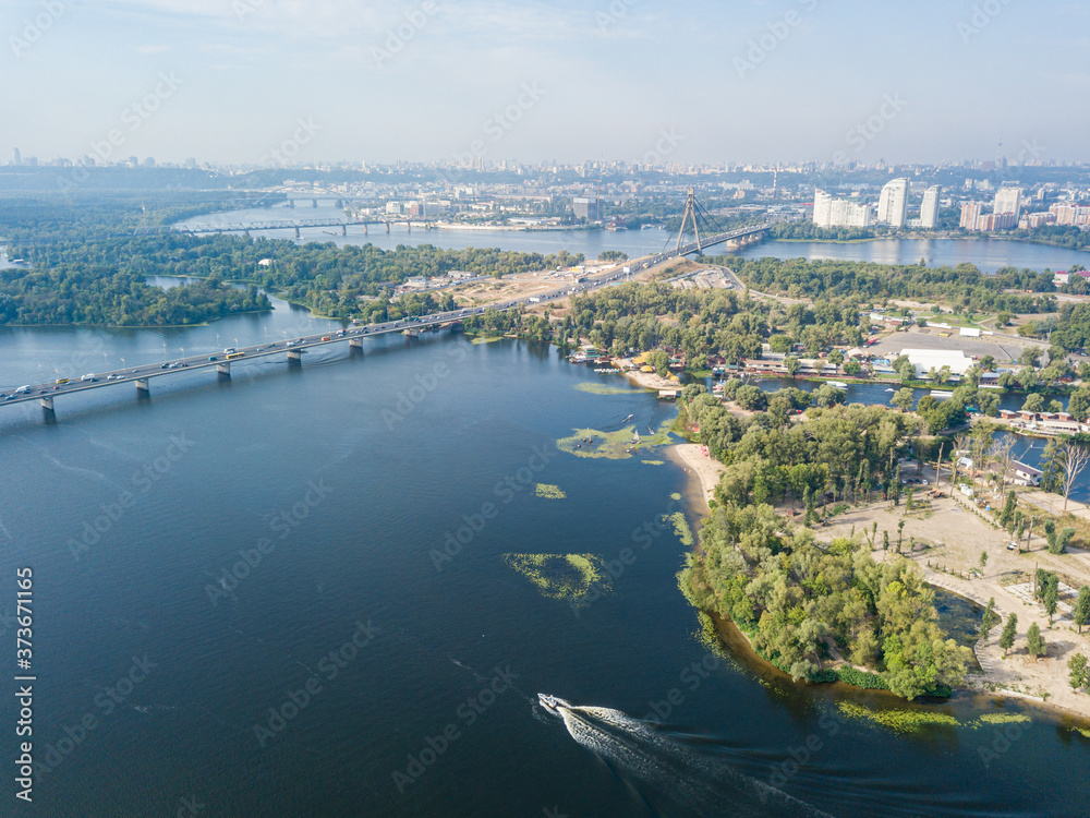 Fototapeta premium Aerial drone view of the Dnieper River in Kiev. Clear sunny day.