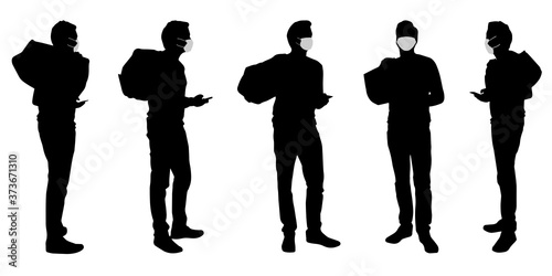 Vector concept conceptual  silhouette men travelling while social distancing as means of prevention and protection against coronavirus contamination. A metaphor for the new normal.