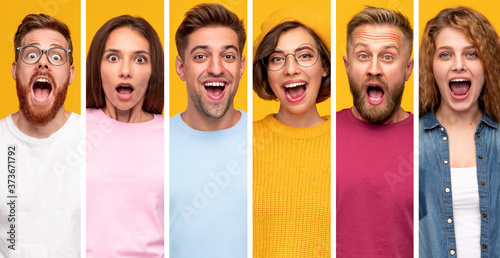 Surprised millennial people in colorful clothes