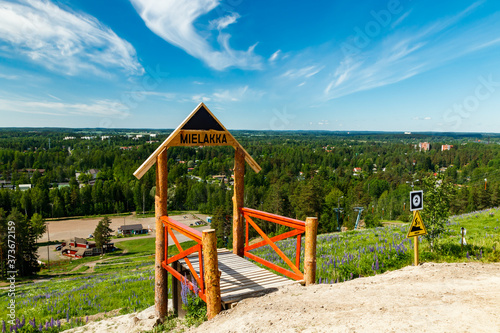 Kouvola  Finland - 11 June 2020  Beautiful top view from above of city Kouvola from slope Mielakka.