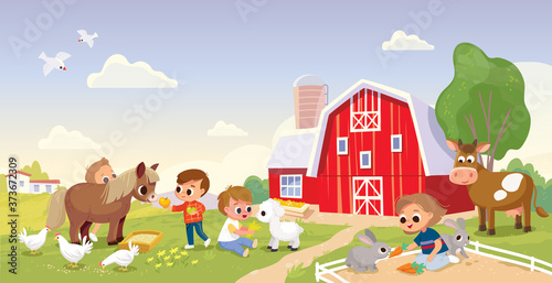 Kids children feed the animals at the farm, petting zoo. Boy feeding pony horse at farmyard. Boy feeding lamb. Girl feeding rabbit at animal farm.
