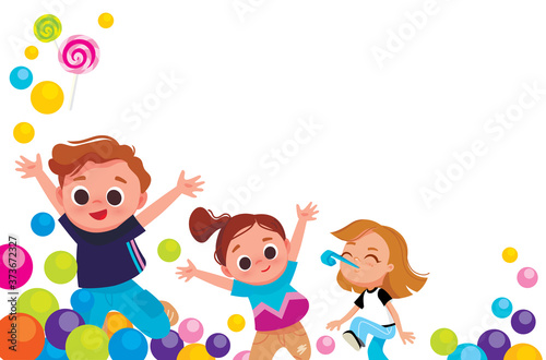 Children party kids fooling around, having fun in fine good mood at play area, playground. Birthday bashment. 1 june, children day. Name day. Anniversary.