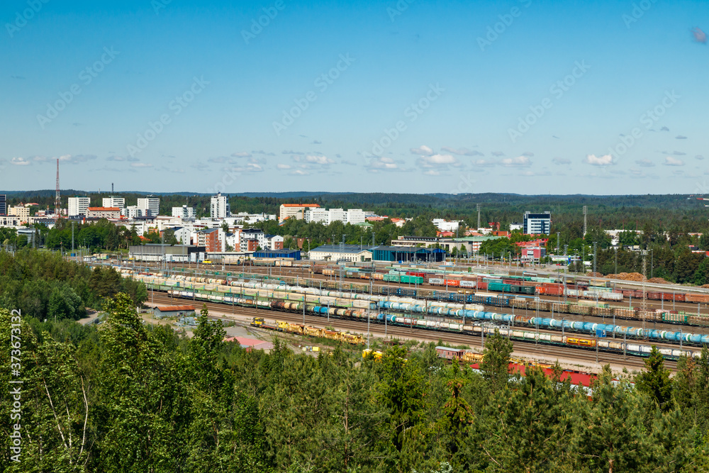 Kouvola, Finland - 11 June 2020: Beautiful top view from above of city Kouvola from slope Mielakka. Summer day, Finland.