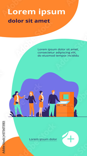 People waiting in queue for bank machine vector illustration. Customers standing in line for payment. Withdrawing money in bank