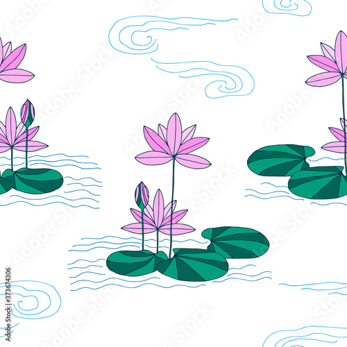Art & Illustration. 
Seamless pattern stylized drawing blooming lotus in water and clouds. Legends of Egypt.