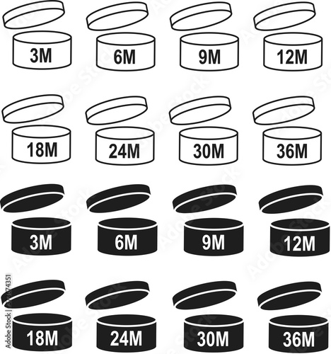 pao symbol shelf life vector icon. cosmetic open period use logo. 3, 6, 12, 24, 36, 3m, 6m, 12m, 24m, 36m month best before product mark. cream eu pack label. isolated white background set 