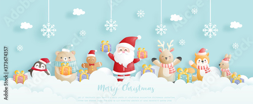 Christmas card, celebrations with Santa and friends, Christmas scene in paper cut style vector illustration. 