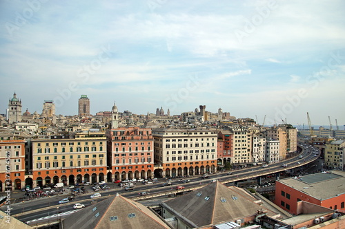 Top aerial scenic panoramic view from above of old historical centre quarter of european city Genova 