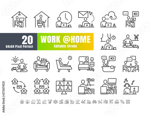 Simple Set of Stay and Work from Home in Coronavirus 2019 or Covid-19 Crisis. Such as Working in Living Room, Bedroom, Bathroom. Thin Line Outline Icons Vector. 64x64 Pixel Perfect. Editable Stroke.