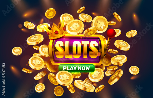 Play now slots golden coins, casino slot sign machine, night jackpot Vegas. Vector