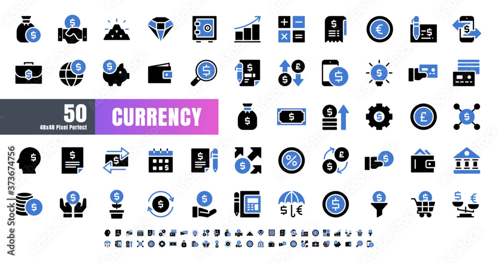 Vector of 50 Currency FInancial Balck and Blue Solid Glyph Icon Set. 48x48 Pixel Perfect.. Vector of 50 Currency FInancial Balck and Blue Solid Glyph Icon Set. 48x48 Pixel Perfect..