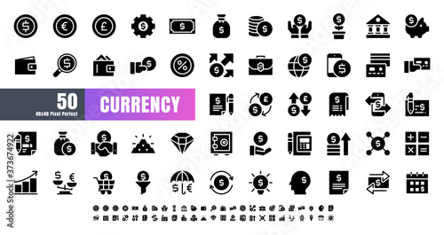 Vector of 50 Currency FInancial Balck Solid Glyph Icon Set. 48x48 Pixel Perfect.