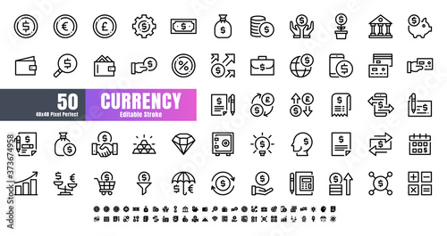 Vector of 50 Currency FInancial Line Outline Icon Set. 48x48 Pixel Perfect Editable Stroke.