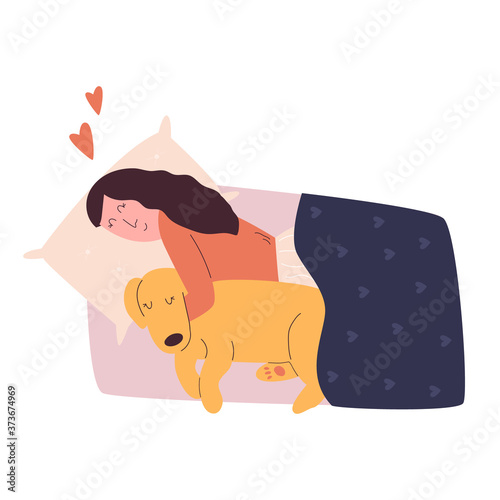 Sleeping girl hugging her dog. Love your pet concept