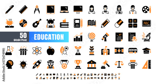 Vector of 50 Education and School Subject. Bicolor Solid Glyph Icon Set. 64x64 and 256x256 Pixel.