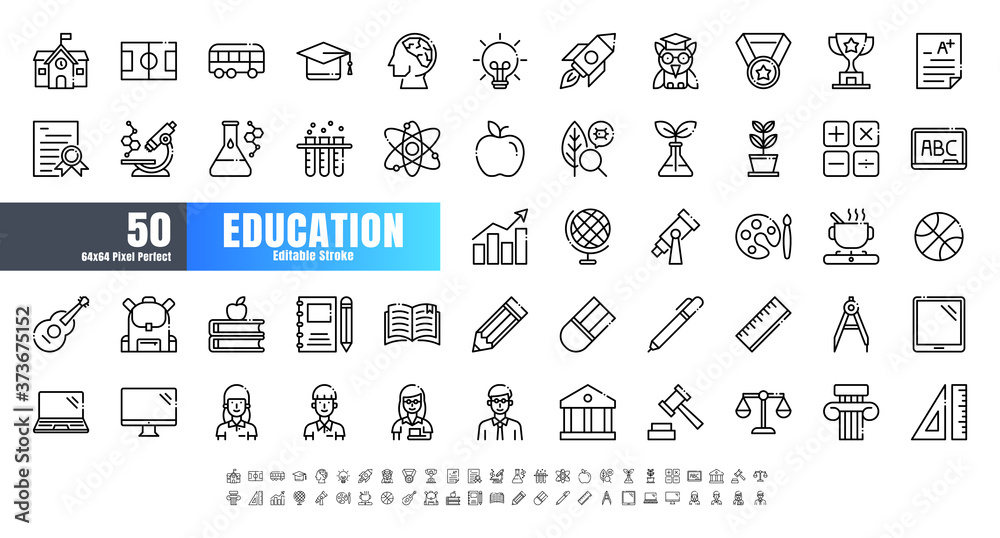 Vector of 50 Education and School Subject Line Outline Icon Set. 64x64 and 256x256 Pixel Perfect Editable Stroke. - obrazy, fototapety, plakaty 