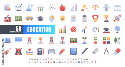 Vector of 50 Education and School Subject. Flat Gradient Color Icon Set. 64x64 and 256x256 Pixel.