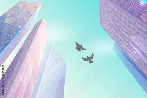 Skyscraper building in city space in flat style concept bottom view and birds doves in the sky. Modern urban landscape city life. Industrial constructions with apartments and office premises