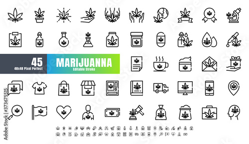 48x48 Pixel Perfect Marijuana or Cannabis Line Outline Icons. Such Icons as Medical, Leaf, Oil, Extract, Sell, Shop, Free, Medicine. Editable Stroke Vector.