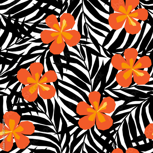 Vector seamless pattern in applique style with tropical palm leaves and flowers